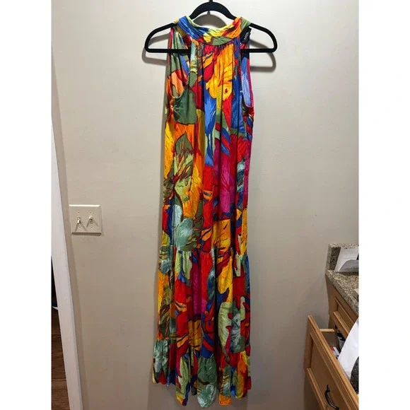 MSK Halter Maxi Dress Colorful Floral Tiered Sleeveless Vibrant Bohemian Size M - Picture 3 of 9